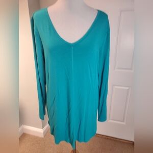 Attitudes By Renee Fine Spun Jersey V-Neck Long Sleeve Tunic Top in Teal